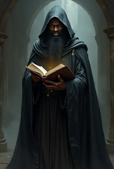 Create a wizard, with a dark skin tone and with a black cloak ,  on his face he has a mischievous smile and a book in his hand 