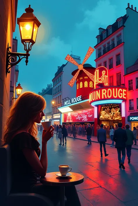 Vue de la ville de paris , le moulin rouge , pléthore de couleurs, Mouvement de foule, Gros plan sur une femme délicate buvant du café sous un lampadaire chaud au bord de la route , Style de peinture à lhuile abstraite et lumineuse