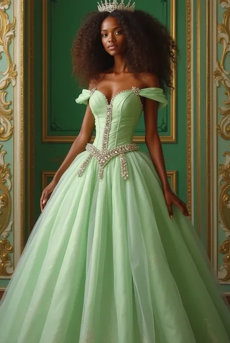 realistic oil painting, He is Russian ,  porcelain skin. a curly haired woman, black eyes and brown skin, She is wearing a pastel green dress with cream ,  she is in a palace colored green with gold and white.  She wears a crown and she is royal and she is...