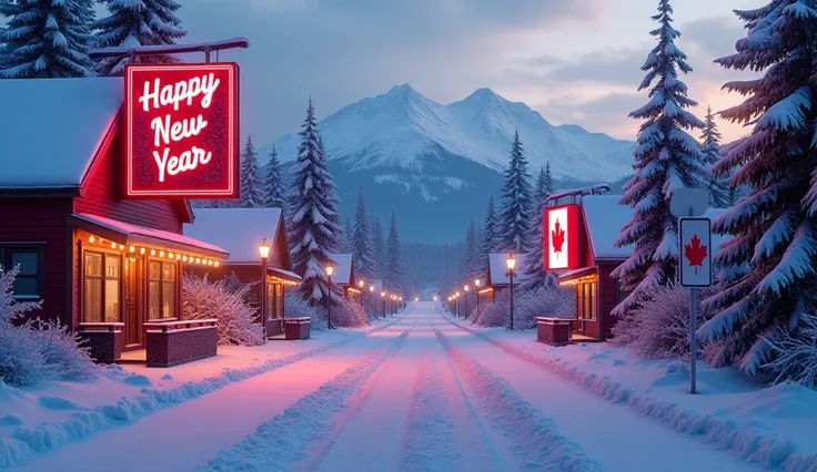 a scene of morning dawn in a small town, mountain view, no people on the street, one big LED screen is displaying Happy New Year,  another big screen is displaying Canada, neon lights, trees covered by snow, winter foliage, snowy ground, beautiful atmosphe...