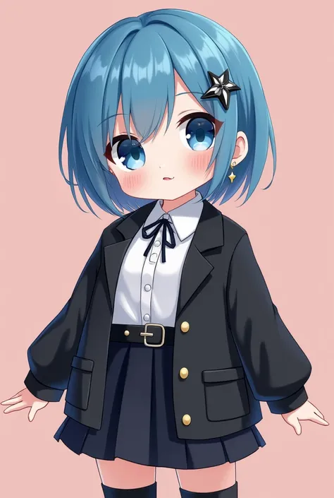 MAKE ME AN ANIME-STYLE DOLL WITH VERY SHORT BLUE HAIR BLUE EYES LONG EYELASHES SMALL NOSE THICK KOREAN LIPS THAT THIS BLUSHED STAR EARRINGS WITH BIG BREASTS SMALL WAIST BAND THAT HAS A LONG SLEEVE WHITE BLOUSE WITH TIE AND A BLACK JACKET WITH BLACK MINI SK...