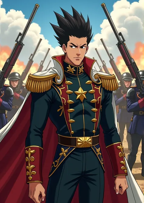  to create a Mexican prince of Spanish descent with black hair,  commanding an army with rifles and artillery . With an anime style of One Punch Man   