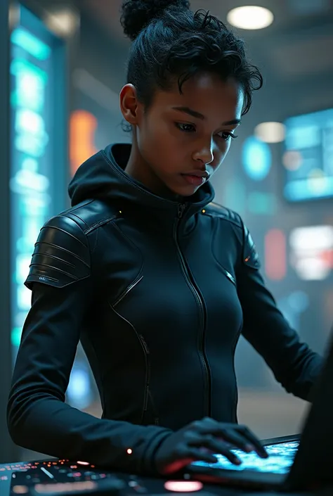  a young time traveler with a black skin tone and a futuristic black outfit, with a hacker scenario  