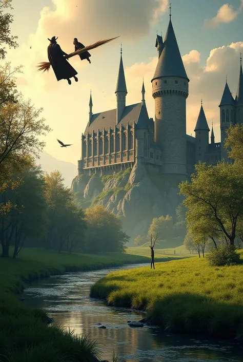 Harry Potter Palace is next to a beautiful river and people fly in the sky with a flying stick. Next to the palace is a long and thick grass 