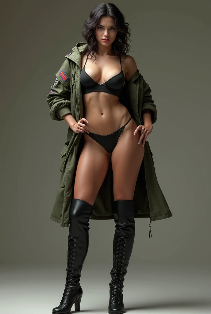 Army girl in underwear, jacket and high boots with big ass 