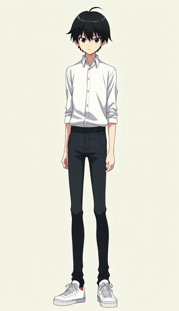 10 Feet Tall anime boy black hair anime boy, Closed mouth, serious, kuudere,  misaki mei man, delgado, White Gakuran Buttoned up uniform collar, Long legs, white sneakers,2D default standing, hands to the sides,