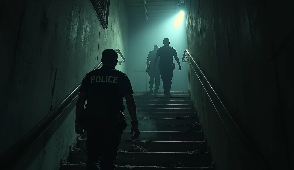  Dusty and dark staircase ,  with a flashlight illuminating the path :  Shows the moment when officers climb to the second floor, in search of something ,  as darkness envelops the environment .