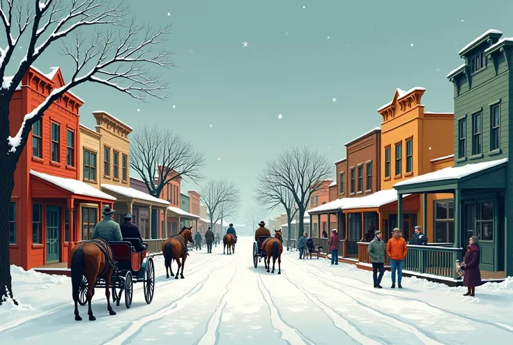 Snowy day, button snow falling, rough-hewn woodcut with bright colors, tall buildings, snow-covered street trees, western town square, 3-4 carriages and people passing by, 3-colored, best image quality.