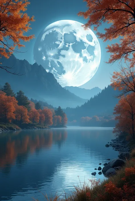 Beautiful and big moon a big lake with autumn trees