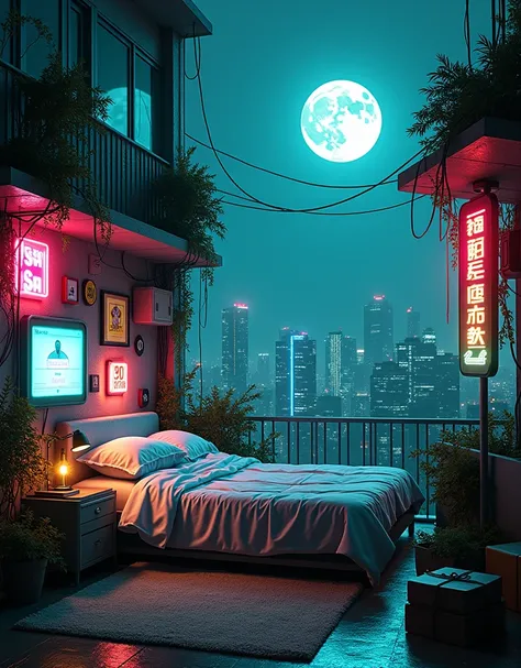 A cyberpunk digital artwork depicting a technological future, characterized by dense neon signs in various colors such as Green, Blue, Yellow, Pink, Orange, and Red. The central figure is a room, tech room, outdoor room, decorated with neon lights, 1 futur...