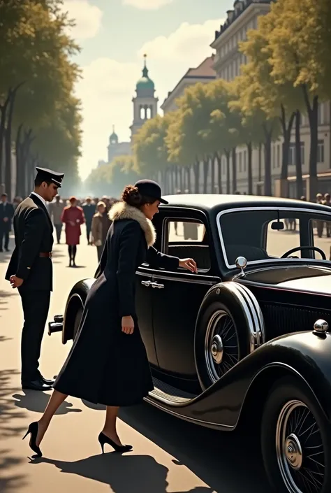 Berlin 1933 Unter den Linden Woman climbs into limousine with chauffeur