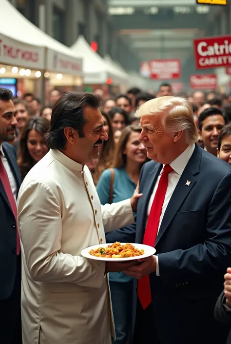 Create a realistic scene where Imran Khan, the Pakistani politician, is feeding Donald Trump, the former U.S. president, in a bustling, crowded public area. The scene should be lighthearted and humorous. Imran Khan is offering Trump a plate of food, lookin...