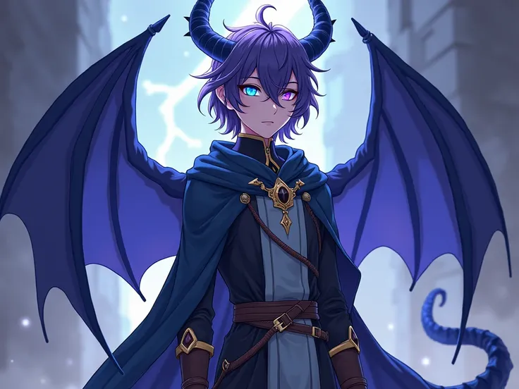 Anime style: a guy, tall with heterochromia eyes, left eye neon azure right eye neon lavender pupils elongated, hair slightly long and slightly curled, colored dark purple, on his head there are dragon horns of a light gray shade, dressed in medieval cloth...