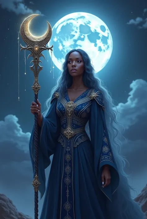 black woman, moon mage, moon staff, enchanted night