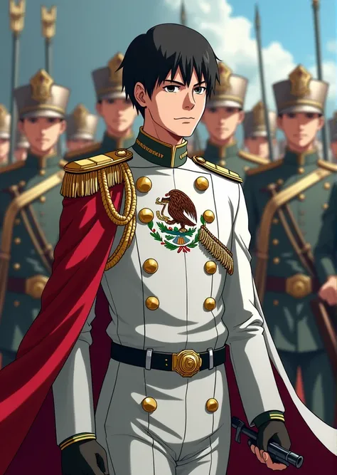  create a Mexican prince of Spanish descent with short black hair, wearing a white uniform .  holding the flag of Mexico. commanding an army with rifles and artillery. With an anime style of One Punch Man 
