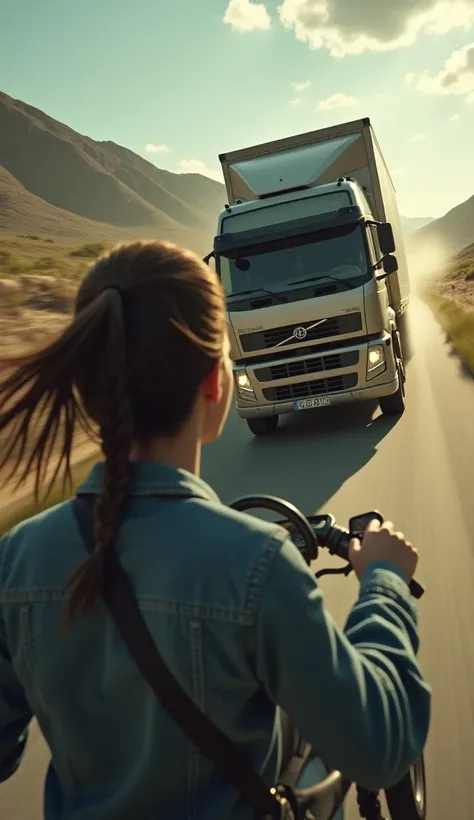  A truck quickly overtakes João . He watches the driver :  a woman with long hair and eyes fixed on him.