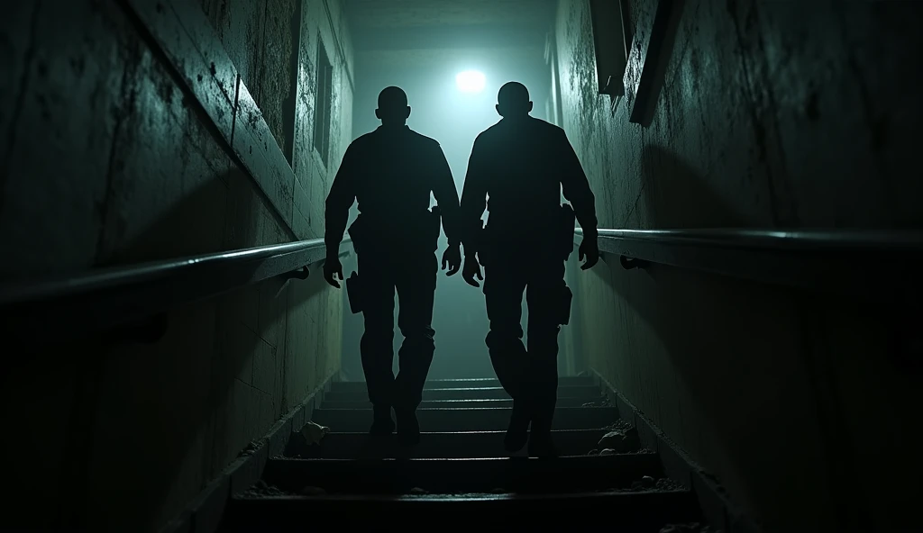  Dusty and dark staircase ,  with a flashlight illuminating the path : It shows the moment when two officers go up to the second floor, in search of something ,  as darkness envelops the environment .
