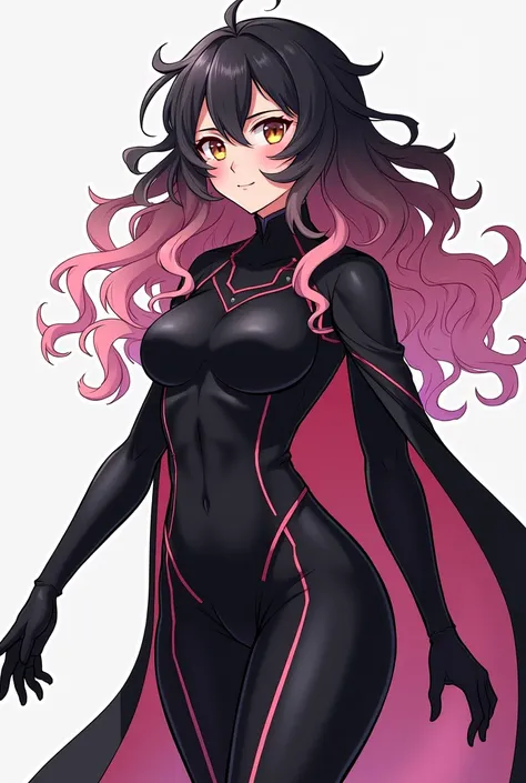  Create an image considering the following context about an oc 

Name

Full name :  Akira Kurogami

Hero alias : black rose (black rose)


Appearance
:  brown eyes
Hair :  Upper half jet black ,  lower half pastel pink .  His hair is long and curly 

Heigh...