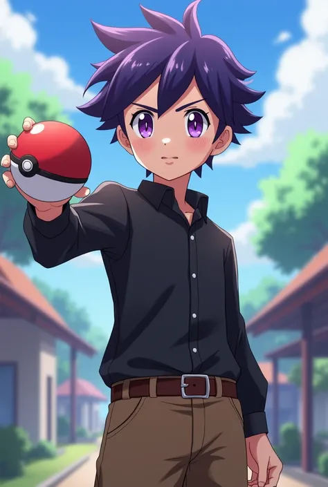 A young boy with dark purple hair and purple eyes wearing a wearing a black shirt and brown pants holding a Pokeball 
