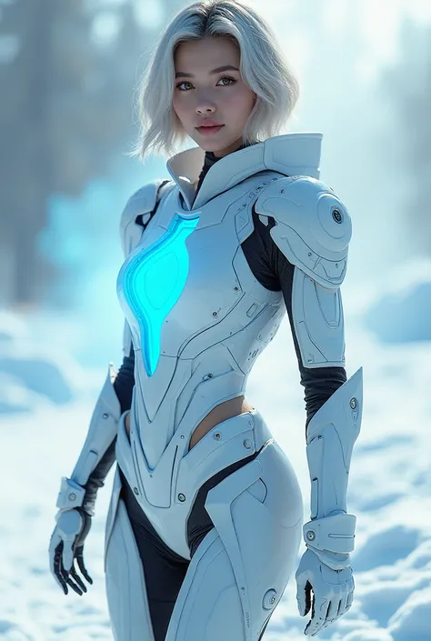 In the ultra-realistic image, a beautiful woman with bob-like hair poses to show off white and light blue resin armor, her shield, also neon blue, the scenery is made of snow and blue smoke comes out underneath her, she looks straight at the camera and smi...