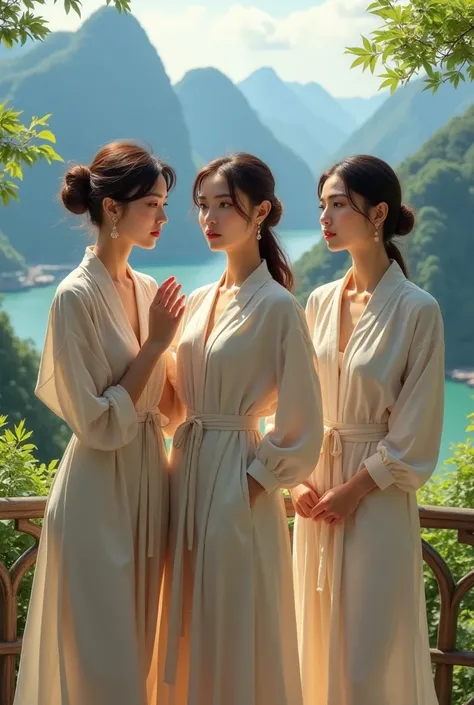 3 beautiful women with elegant casual clothes and earrings from Hong Kong region beautiful scenery the best quality