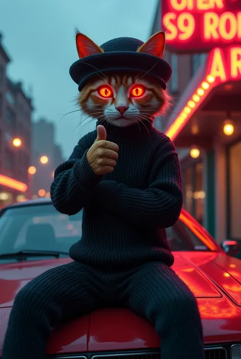 Prompt : A hyper-realistic image of a humanoid cat character with glowing red eyes, dressed in a textured, black knitted suit,and a hat, sitting confidently on the hood of a sport car in a retro urban setting. The cat has detailed fur textures and a lifeli...