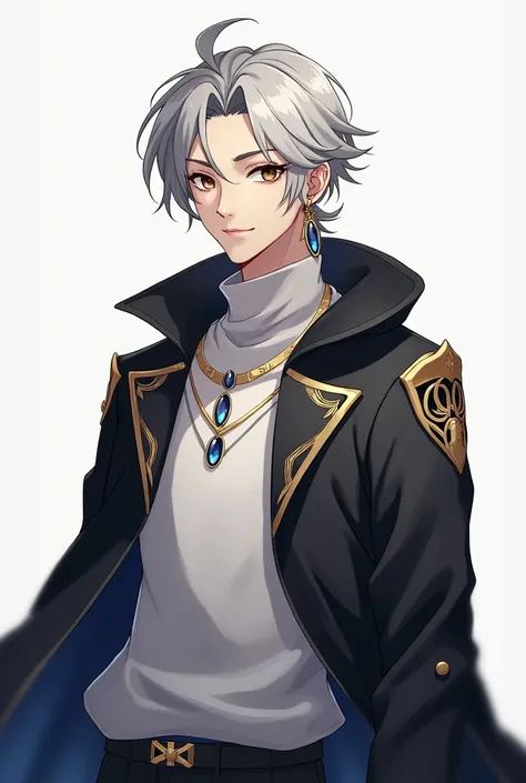 modern anime style, man,  short hair , silver-colored,  collected the upper part in a ponytail and leaving the lower part loose, brown eyes,  thick defined eyebrows ,  full lips,  wears an oval earring with three elongated ovals in it . Wear overcoat ,  un...