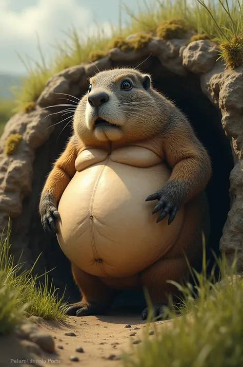 Very fat person transformed into a groundhog 