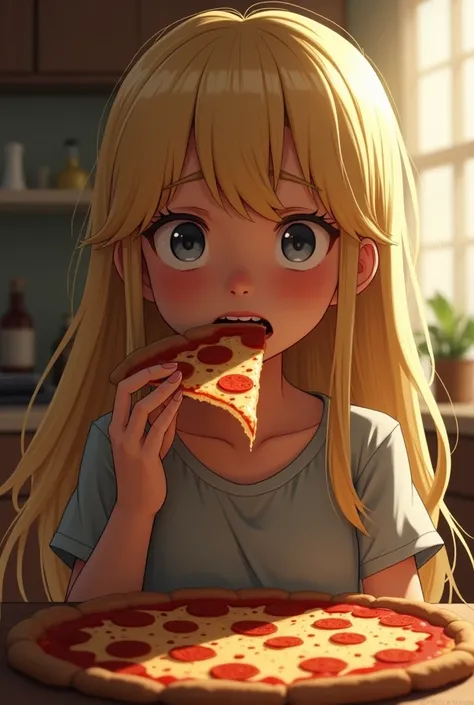 A blonde girl is eating pizza and she is scared 