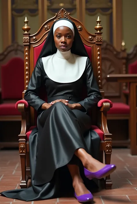 Beautiful Nigerian nun in a colored leather or latex habit and purple patent leather ballet flats, sitting elegantly on a throne in a church with a man lying at her feet and licking her shoes. The man lying on the church floor is kissing her feet with reve...