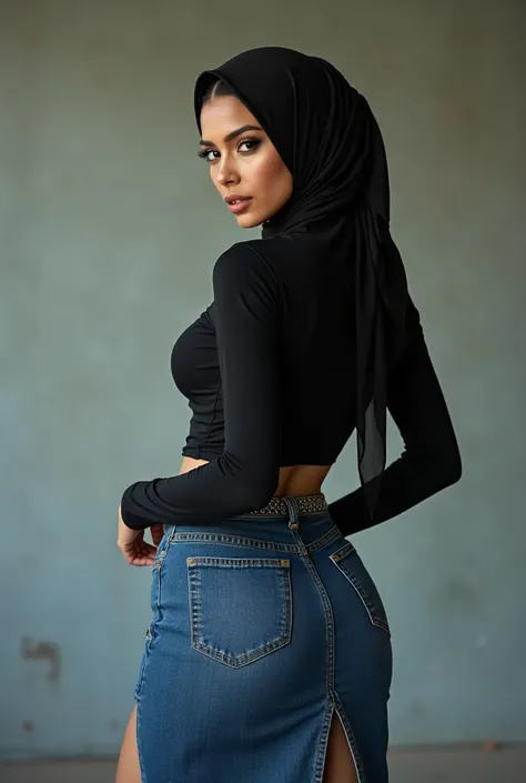  photo with high-heeled hijab,big butt, thin calves , Waist chain, very thin waist, tight long denim skirt with slit, look back, 