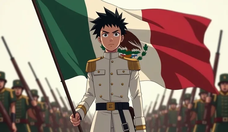  create a Mexican prince of Spanish descent with short black hair, wearing a white uniform . holding the flag of Mexico. commanding an army with rifles and artillery. With an anime style of One Punch Man 
