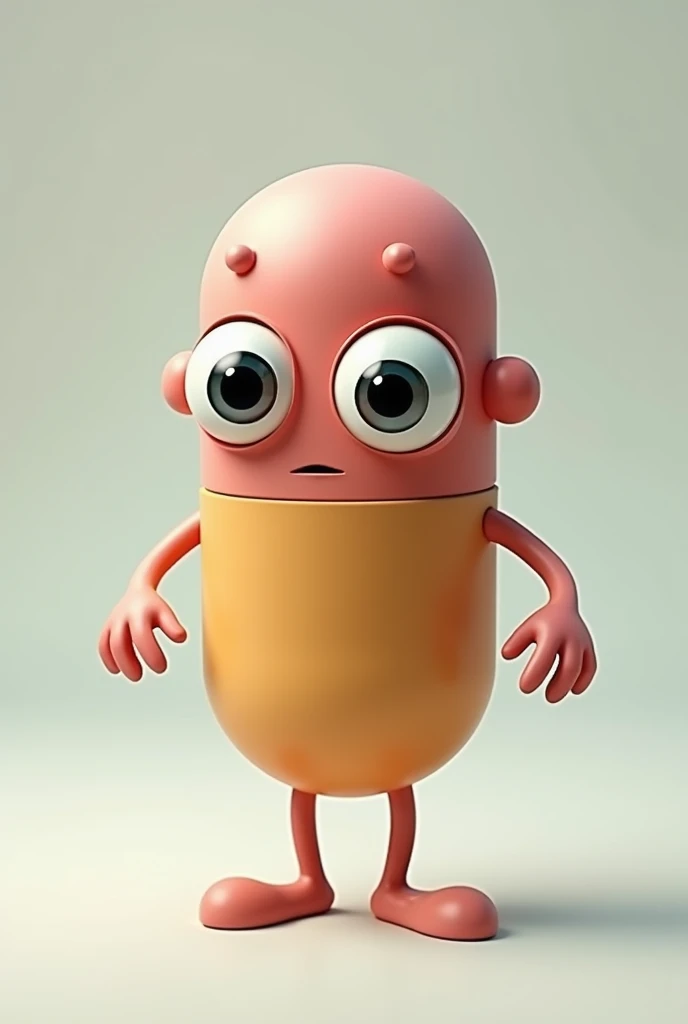 An image of a pill with eyes and hands