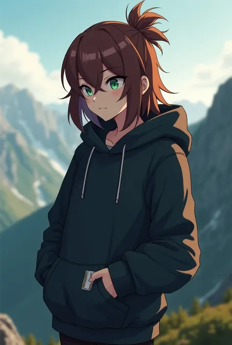  Brunette guy with shoulder-length hair and a small ponytail,  with green heads with mint eyes , in a dark hoodie ,  hiding one hand in a food pocket in the other holding a clip .  Looking down from the mountain .