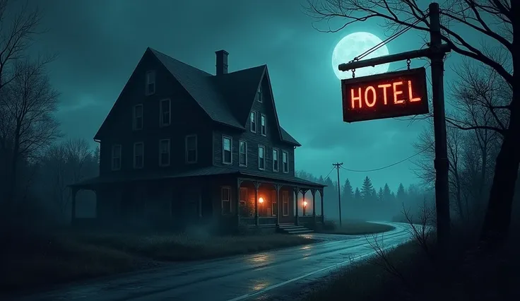 A hotel on the side of the road at night with a dark appearance