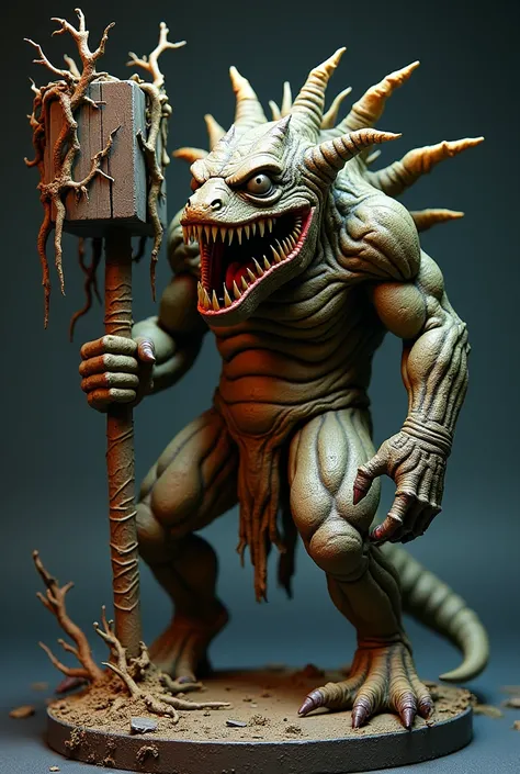 tabletop miniature potwór olbrzymi z czarnymi dużymi zębami, he has one eye of a reptile, one insect ,  on his feet he has mud clay in his hand he holds a great hammer from which grow oak and ash