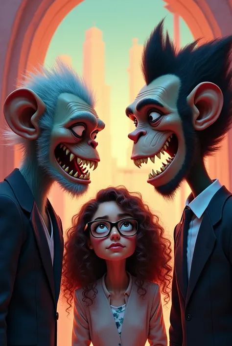 Create an image of a monkey with terrifier and mega-mind watching a curly brunette lady wearing glasses