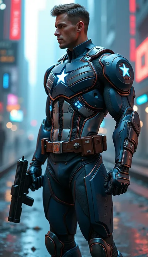 cy borg captain america with robotic features, holding gun in right hand and Mjölnir in left hand. Captian america looks like a video game character.