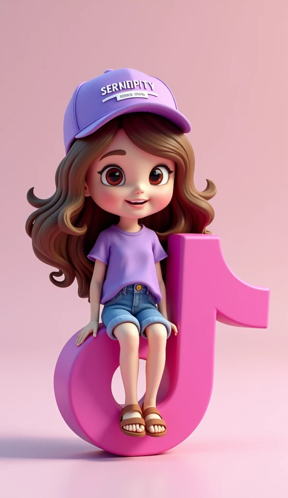 Create a 3d illustration of an animated character. girl character sitting casually on top of a social media logo “tiktok”. wearing purple cap with name "SERENDIPITY" written on front of it, wearing casual and modern dress, like blouse and sandals . The bac...