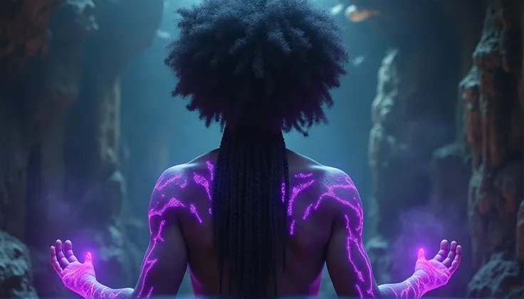 With braided hair Afro style ,  shoulders the show showing the scars that glow in purple and on the hands too 