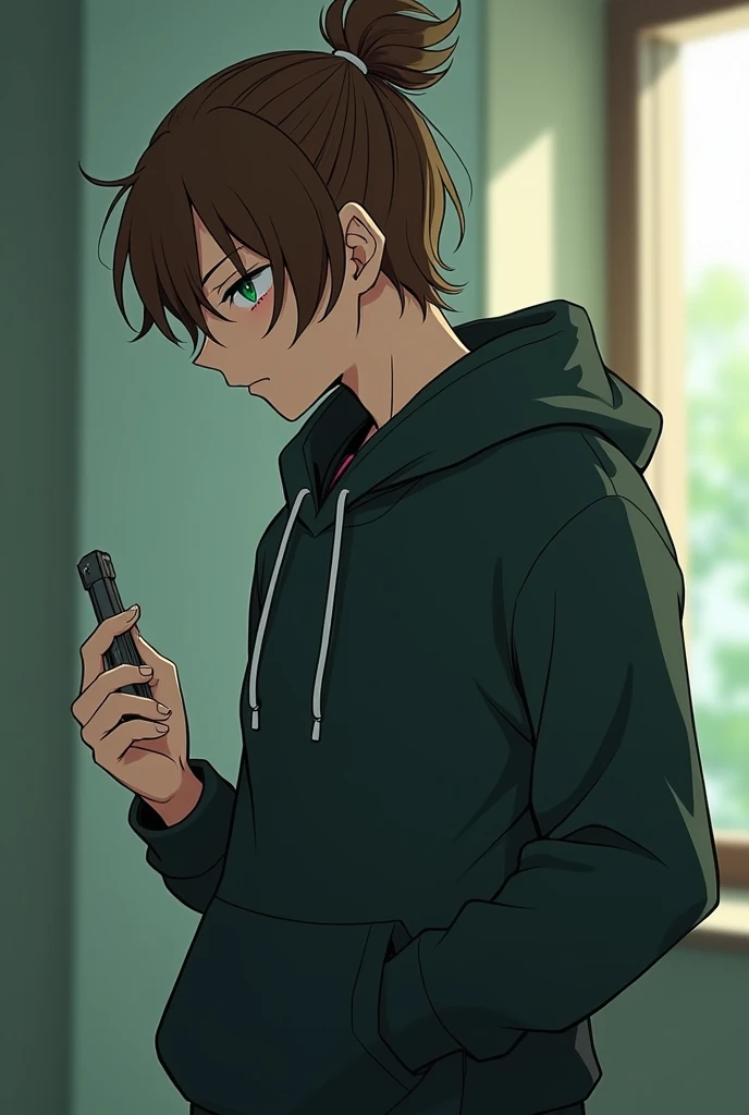  Brunette guy with shoulder-length hair and a small ponytail,  with green heads with mint eyes , in a dark hoodie ,  hiding one hand in a food pocket in the other holding a clip .  Looks down from the mountain with his eyes , without lowering his head ,  b...