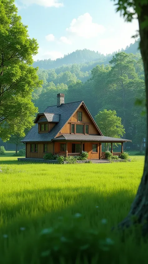 house in the countryside, in the middle of the trees , grassy field around, Lumion pro cinematic quality rendering, 8k