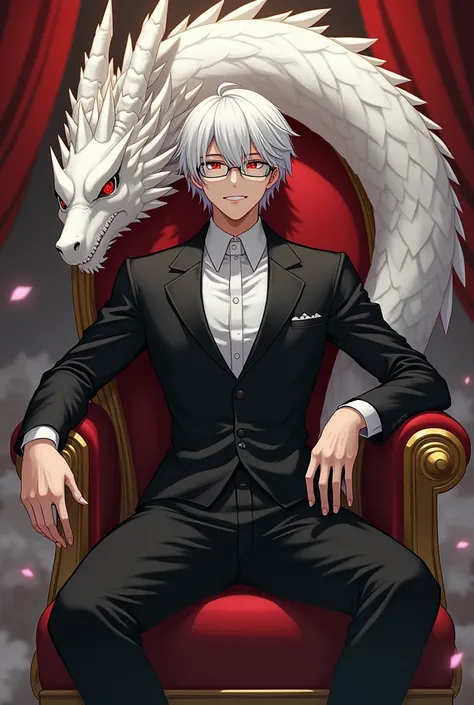 shota,white hair,Red eyes,good anatomy,good quality,black suit with gold edges,glasses,smiling,black  that surrounds everything,a large white dragon on the side,sitting on a throne,with his penis outside his pants
