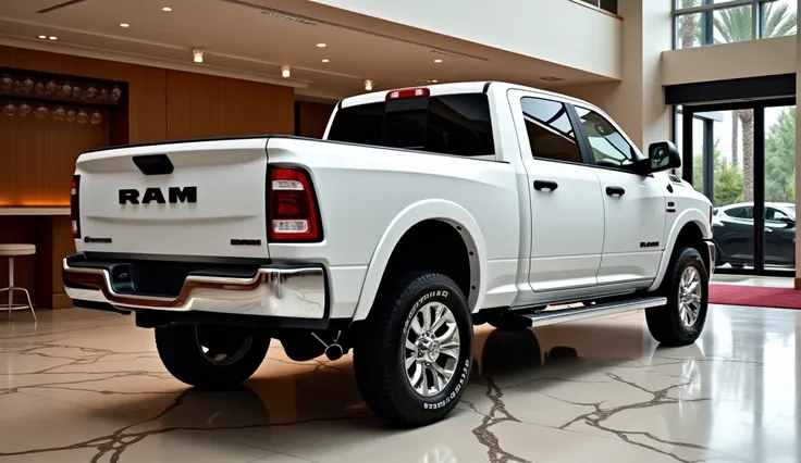 2025.  RAM 2500 for colors wite back left view in a luxury car showroom