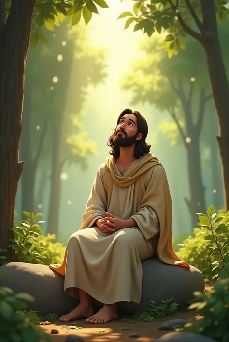 
" A man in the Disney Pixar cartoon style ,  with soft and expressive features . He wears traditional clothes of Christ :  a simple white robe and a beige cloak that falls softly over his shoulders.  He sits on a rock in the middle of a tranquil forest , ...