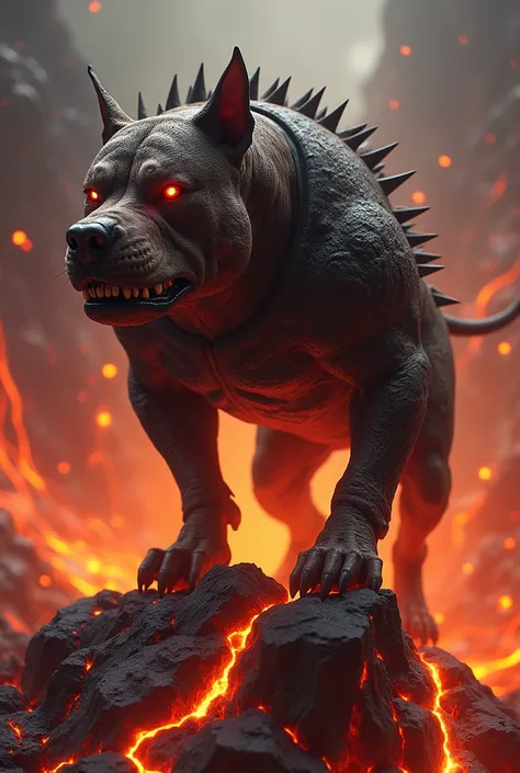 A muscular pitbull with glowing red eyes, wearing spiked armor, standing on a volcanic rock surrounded by flowing lava.  