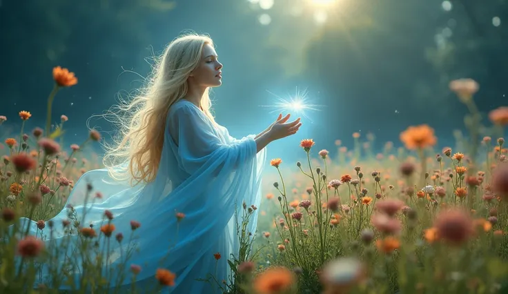 A previously dark flower field is completely illuminated when a heavenly figure (a woman with long golden hair, wearing a heavenly blue robe) appears in the distance, gently touching a wilted flower, which instantly blooms.