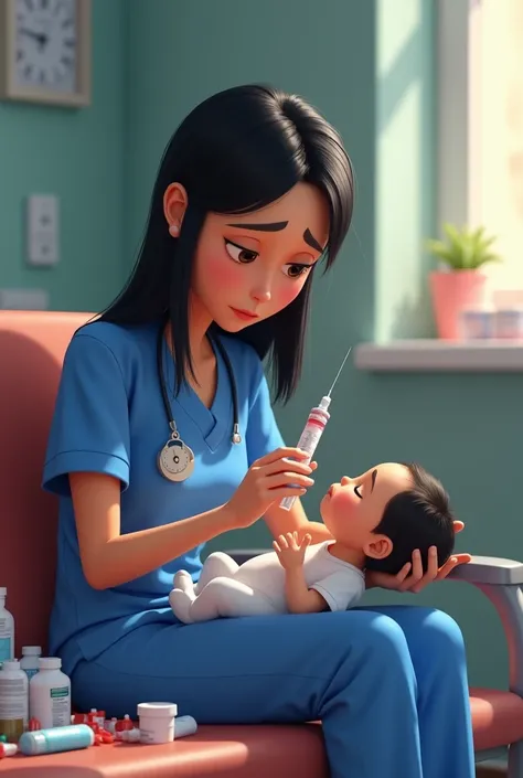  create Disney Pixar character white woman straight black hair wearing blue nursing clothes baby preparing a syringe brown eyes tired face and a bench full of medications, Exhausted and tired 