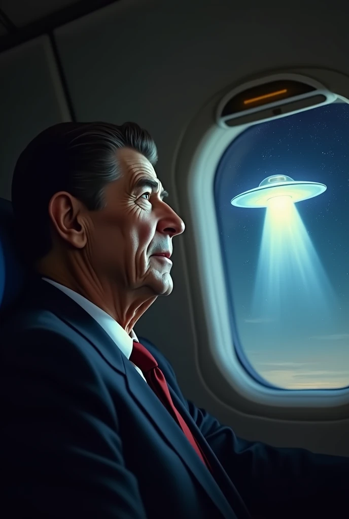 {
  "prompt": "Ronald Reagan inside a small private airplane, looking out of the window at a luminous unidentified flying object in the night sky. The UFO should appear otherworldly but not threatening, with Reagans face reflecting surprise and fascination...