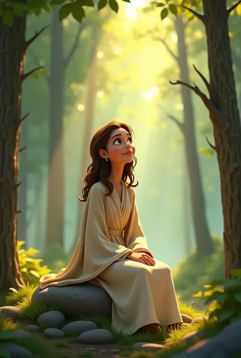 
" A woman in the Disney Pixar cartoon style ,  with soft and expressive features . She wears traditional Christ clothing :  a simple white robe and a beige cloak that falls softly over his shoulders.  She is sitting on a rock in the middle of a tranquil f...